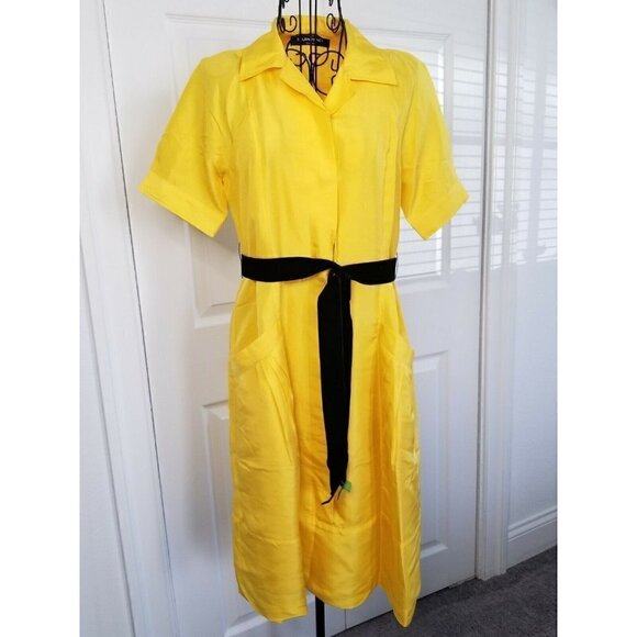 Vintage Ellen Tracy Short Sleeve Yellow Silk Black Velvet Sash Button Down Dress - Picture 1 of 16